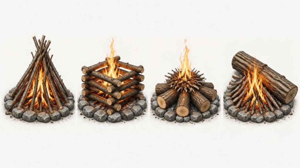 Comparison of teepee, log cabin, upside-down, and lean-to campfire structures