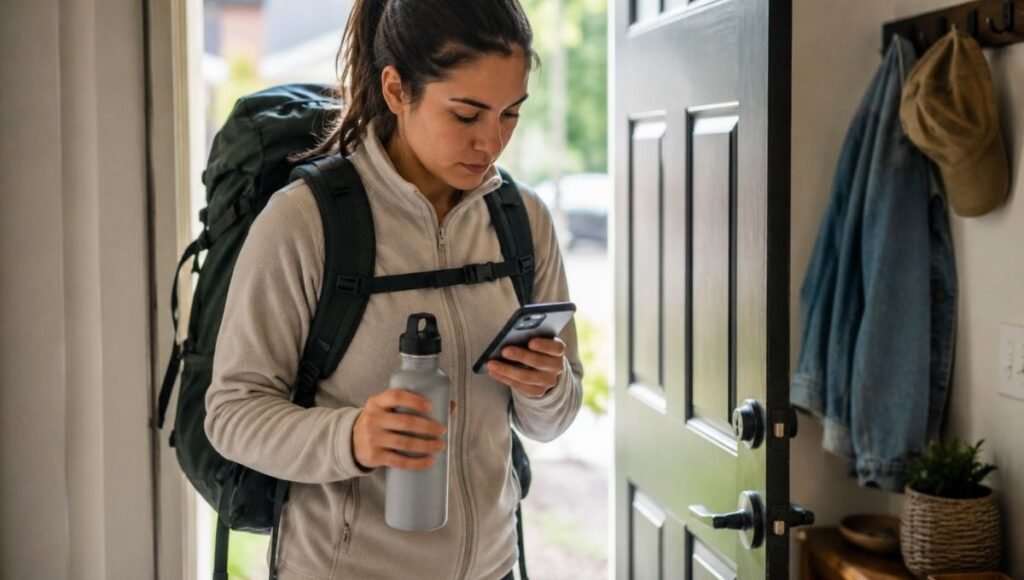 Young camper at front door with daypack and water bottle checking a last-minute camping checklist on their phone showing the 10-minute quick pack approach
