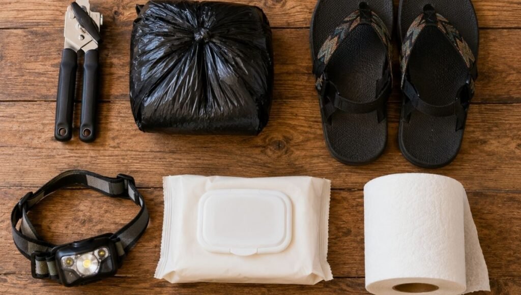 Flat lay of the most commonly forgotten camping items including can opener, trash bag, camp sandals, headlamp, baby wipes and toilet paper showing what to double-check on your camping checklist