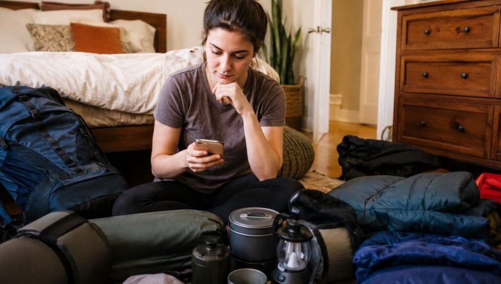 Young beginner camper sitting on floor surrounded by organized camping gear checking a camping checklist on their phone before a trip