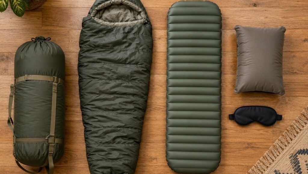 Overhead flat lay of complete camping sleep system including tent bag, sleeping bag, sleeping pad and camp pillow showing the most important items on a camping checklist