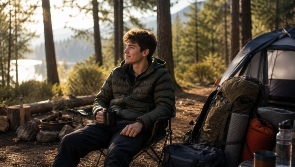 Young camper sitting in a camp chair with a satisfied expression and organized gear nearby at a morning forest campsite showing the reward of using a complete camping checklist