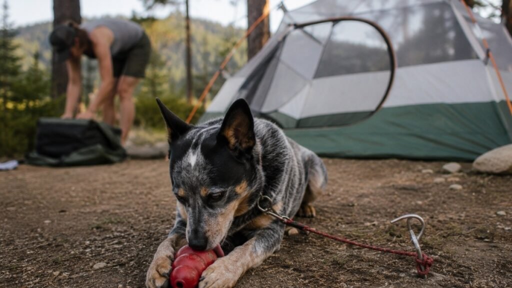 A dog focused on licking a Kong toy while tied out at a campsite with a tent being set up in the background showing how to keep dogs occupied during campsite setup