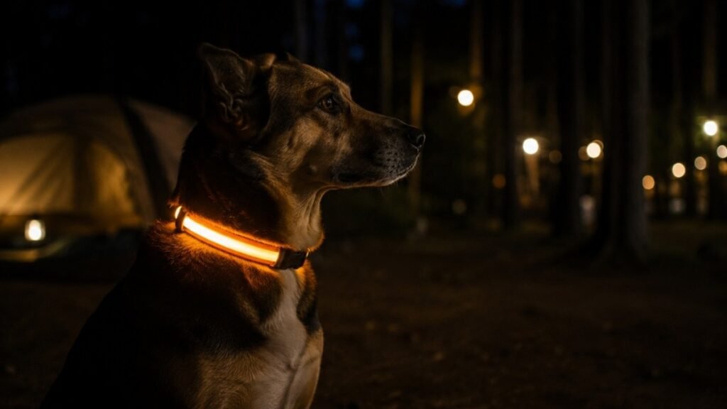 A dog wearing a glowing LED collar clearly visible in a dark campground at night showing the importance of LED collars for dog safety when camping at night