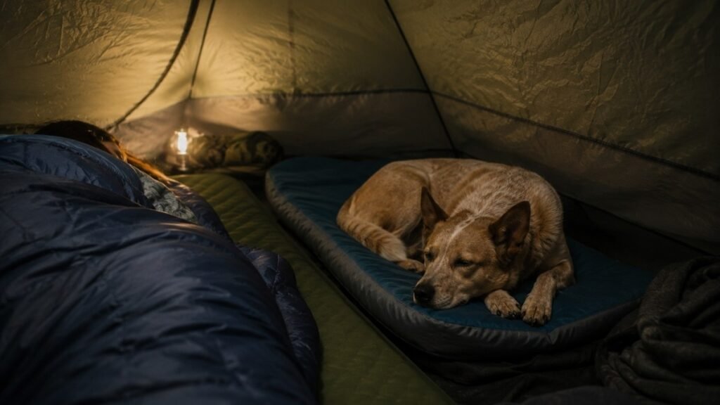 A dog lying calmly on their sleeping mat inside a tent with the rainfly closed beside the owner's sleeping bag showing how dogs sleep comfortably inside a tent when camping