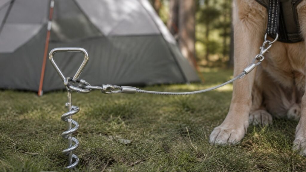 Close-up of a corkscrew tie-out stake in campsite grass with steel cable extending to a dog harness clip showing the safest tie-out setup for camping with dogs
