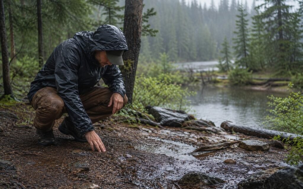 Hiker crouching to assess campsite drainage in rainy weather showing the importance of avoiding low-lying bathtub zones when camping in the rain