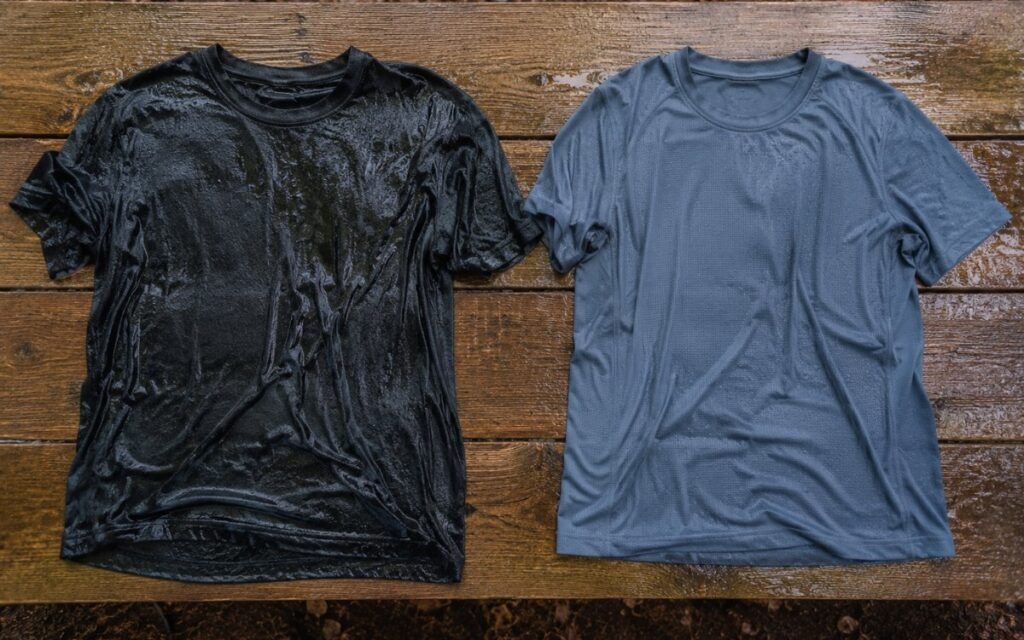 Side-by-side comparison of a soaked cotton t-shirt versus a quick-dry synthetic shirt showing why you should keep cotton out of your wardrobe when camping in the rain
