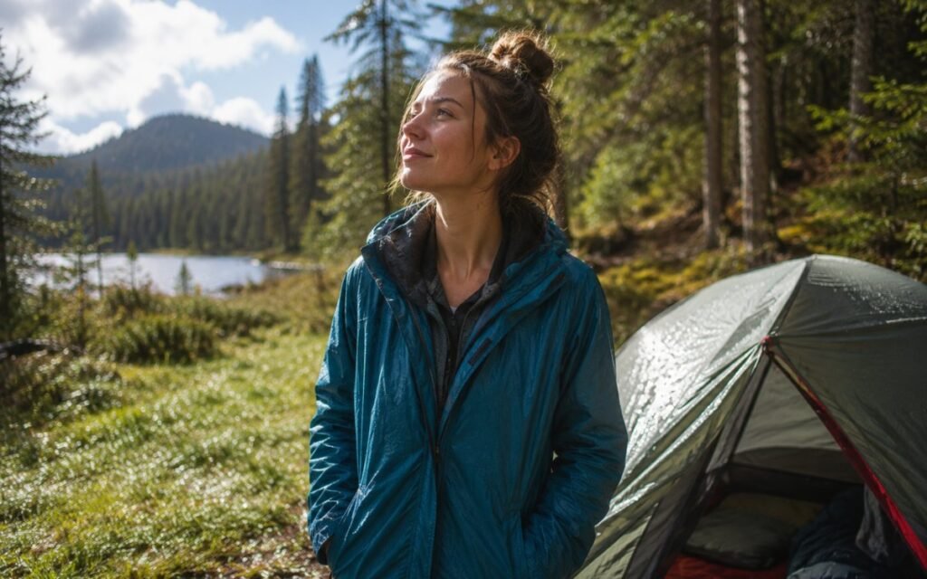 Young camper standing outside their tent with a satisfied expression after rain in a fresh forest showing the reward of being prepared for camping in the rain