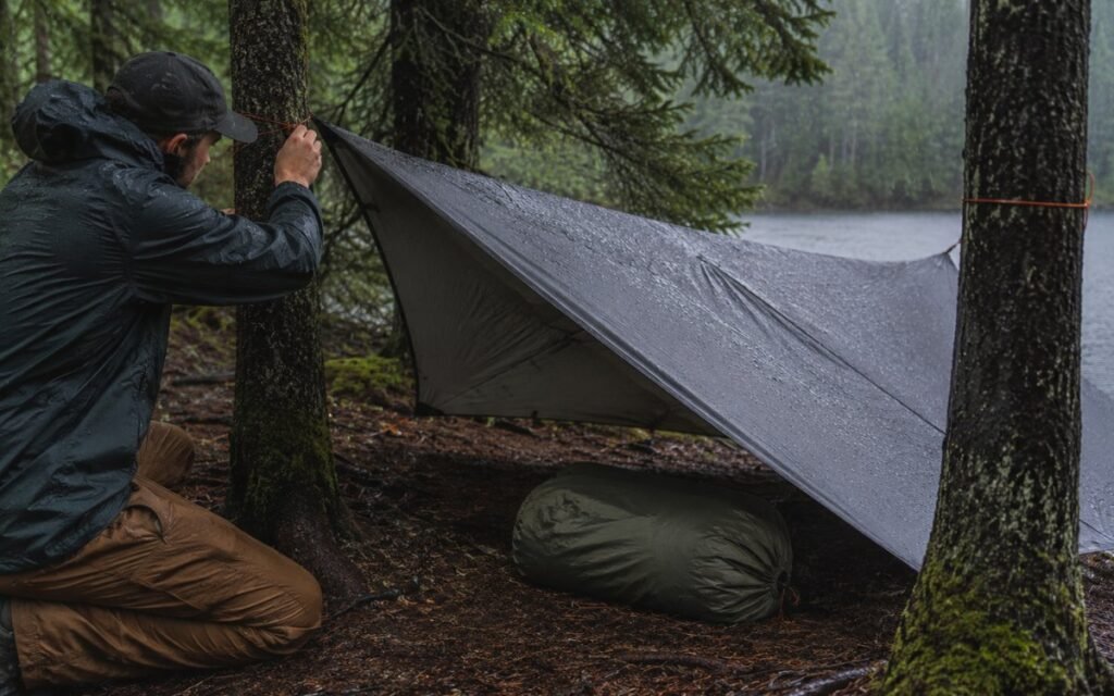 Camper setting up a tarp shelter between trees in the rain creating a dry workspace before pitching the tent showing the tarp-first technique for camping in the rain