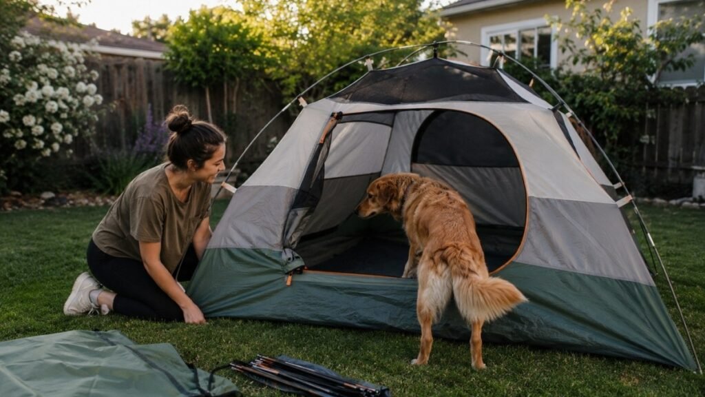 Young adult setting up a tent in a backyard while a curious dog peeks inside showing the backyard practice technique for desensitizing dogs before camping