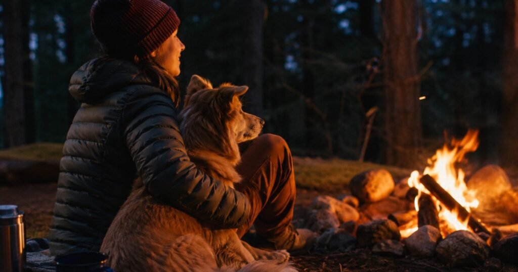 Young camper sitting beside a campfire with their dog leaning against them both looking at the forest showing the reward of camping with dogs for beginners