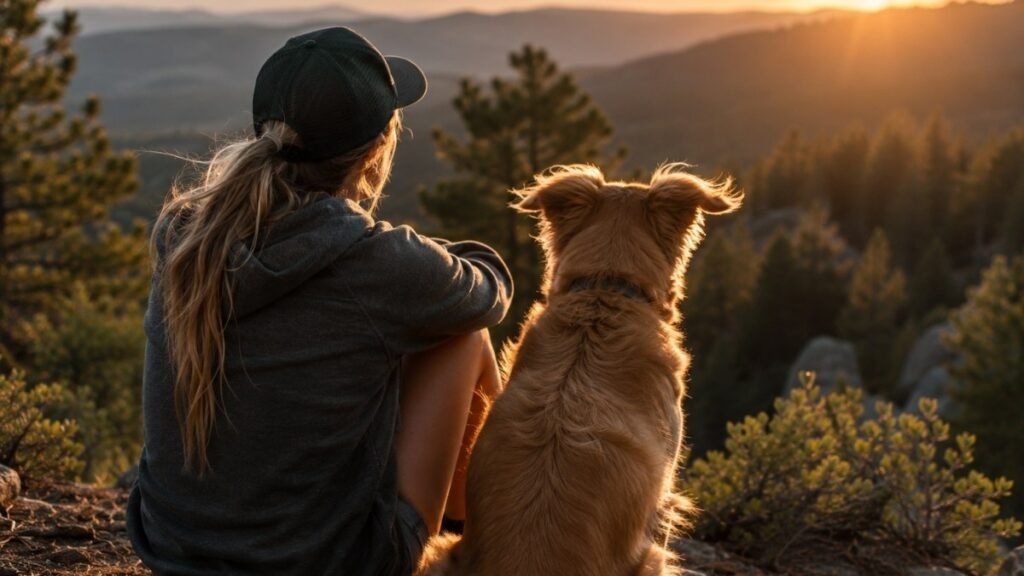 Young person and their dog sitting side by side at a scenic overlook at golden hour looking at a mountain landscape showing the beautiful shared memories of camping with dogs