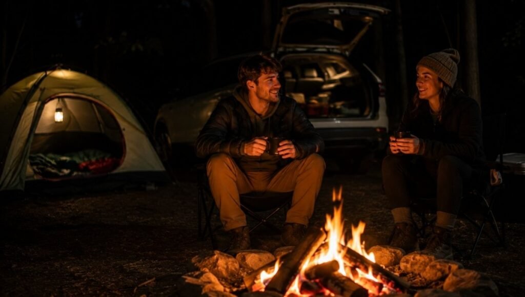 Two young beginner car campers sitting by a campfire at night with warm drinks and their car and tent visible behind them showing the relaxing reward of a successful car camping trip