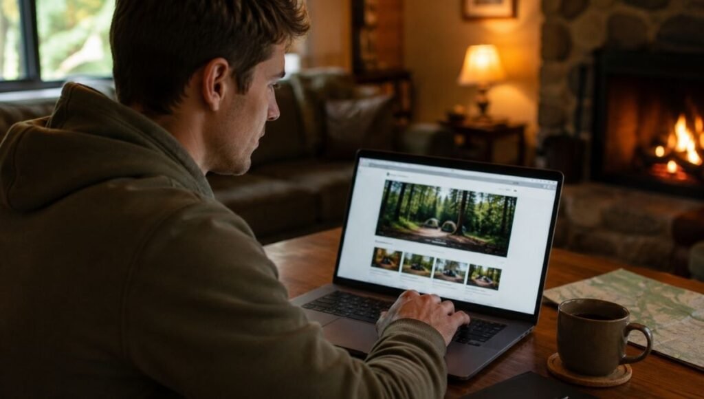 Young adult browsing campsite reservation websites on a laptop at home showing how to plan and book a car camping site in advance for beginners