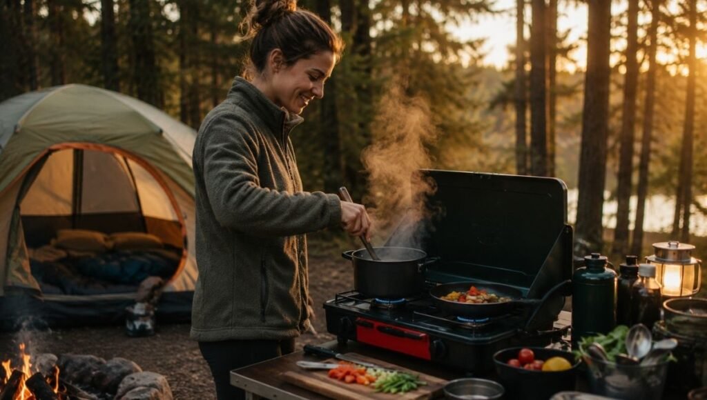Young camper cooking dinner on a two-burner camp stove with ingredients organized on a folding table at a campsite showing car camping cooking for beginners