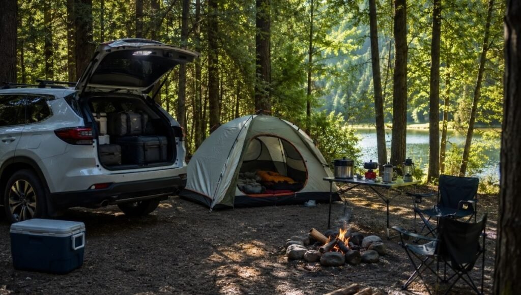 A well-organized car campsite with pitched tent, folding table, camp chairs and cooler showing the ideal campsite setup for beginner car campers