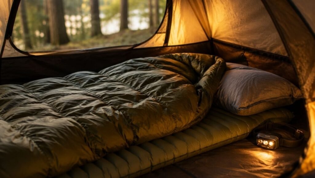 Inside a tent showing a complete car camping sleep system with sleeping pad, sleeping bag and headlamp laid out showing the importance of a good sleep setup for beginner car campers
