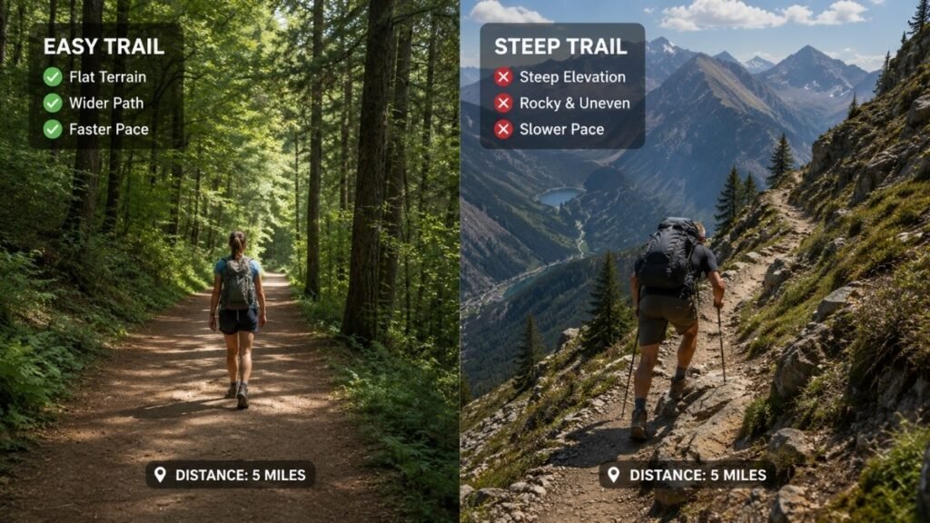 Comparison of a flat forest hiking trail and a steep mountain trail showing how terrain affects hiking time.