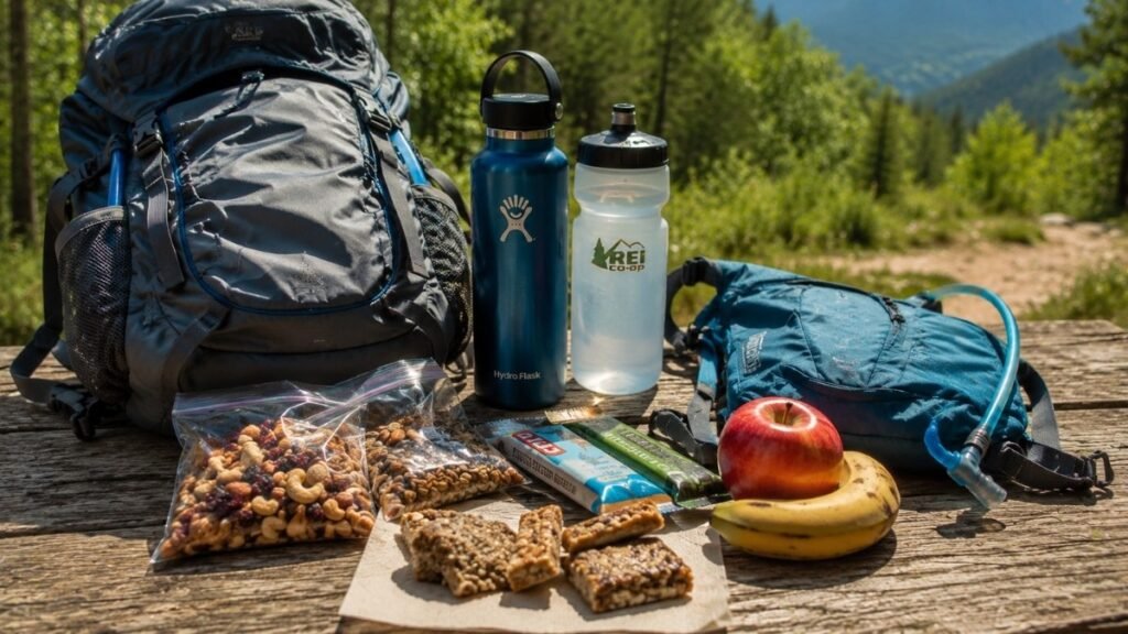 Healthy hiking snacks, reusable water bottles, hydration pack, and backpack prepared for a day hike.