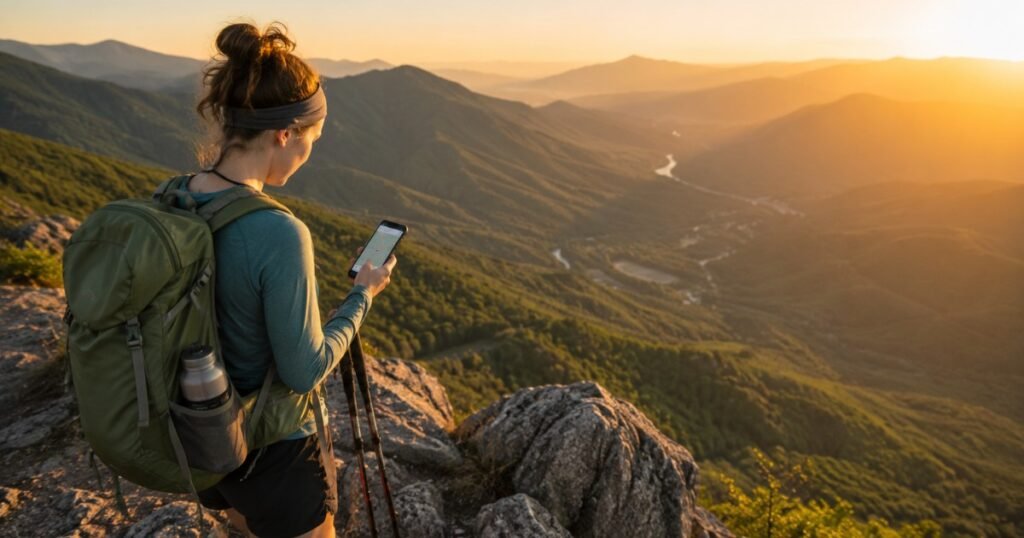Beginner hiker checking a hiking route on a smartphone before starting a mountain trail at sunrise.
