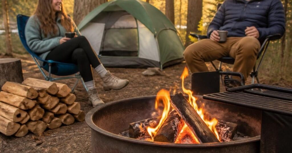 Beginner-friendly campfire burning safely inside a campground fire ring