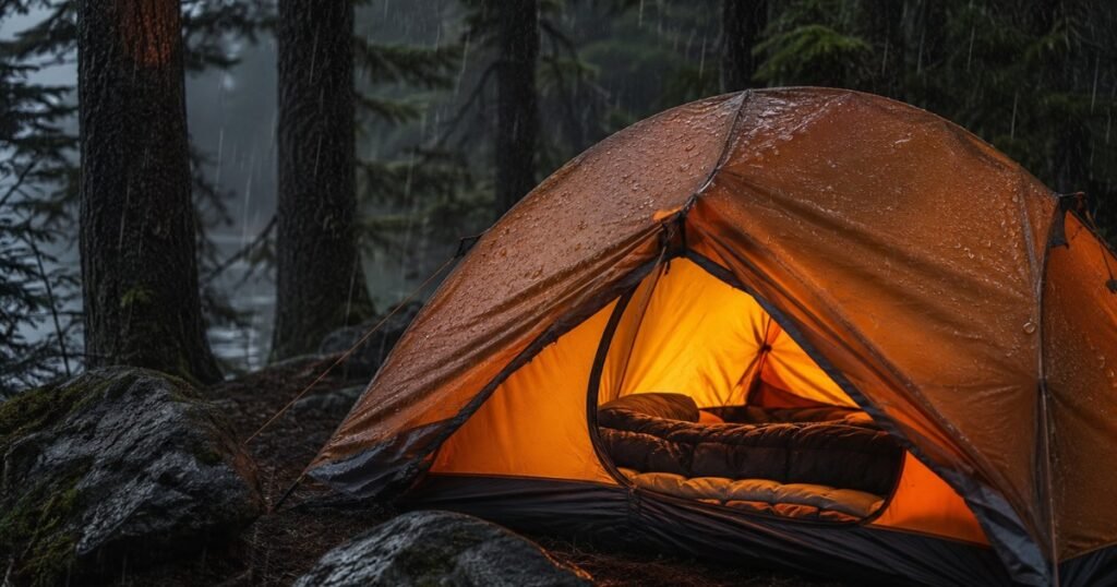A camping tent glowing with warm light inside standing in a rainy forest showing how to camp in the rain comfortably as a beginner