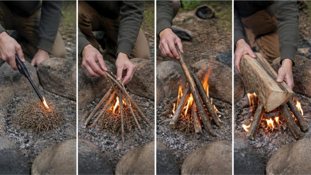 Step-by-step process of lighting tinder and gradually adding larger campfire wood