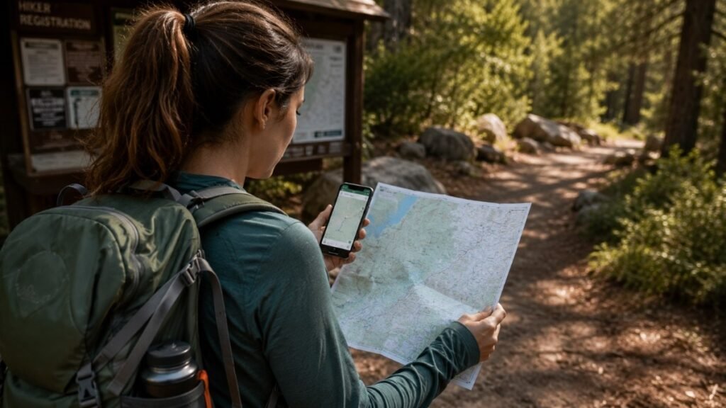 Hiker using a trail map and smartphone to plan a hiking route at a forest trailhead.