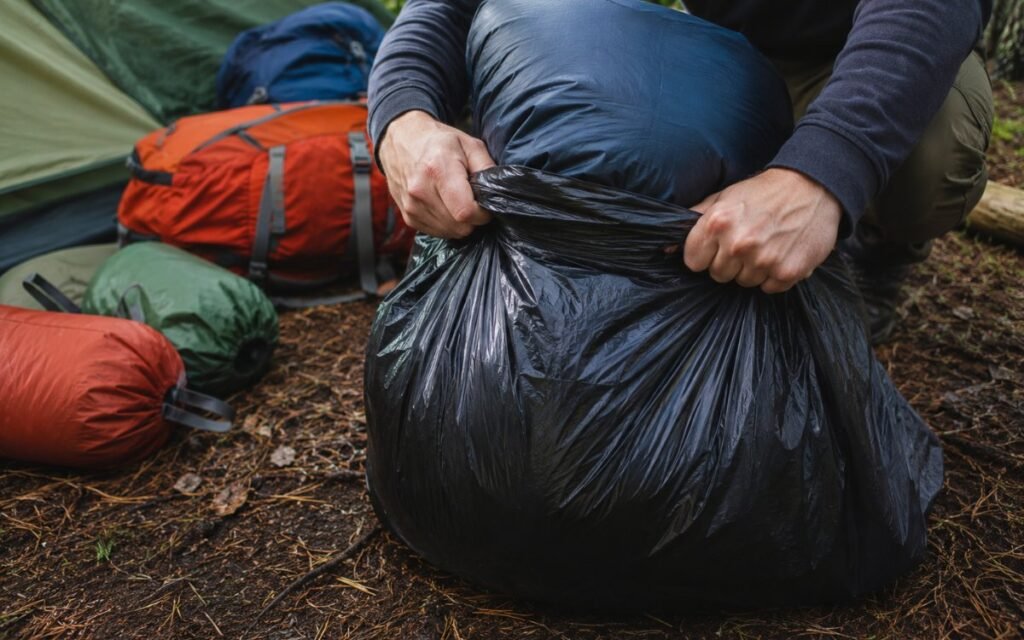 Hands placing a sleeping bag into a large trash bag for waterproofing showing the budget trash bag packing method for camping in the rain