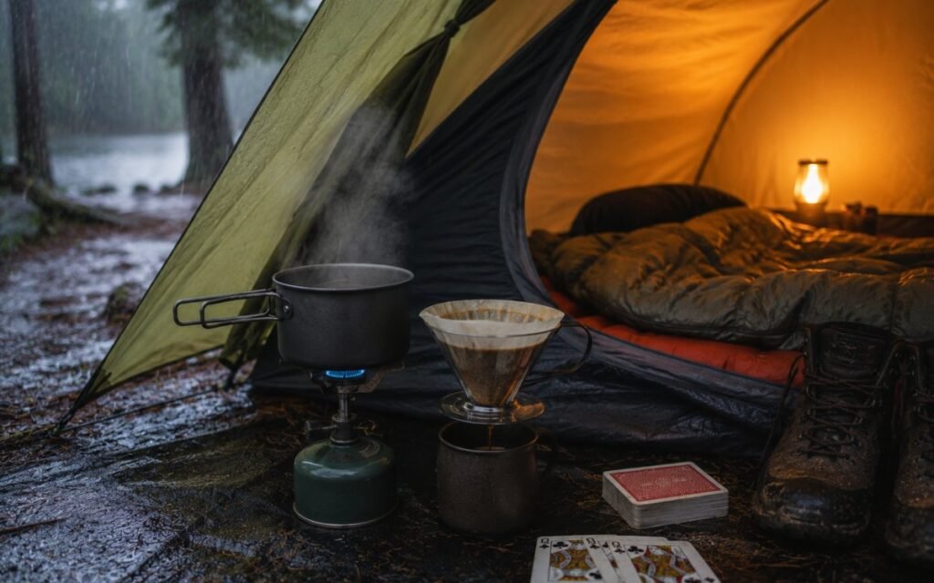 Camp stove heating water in a tent vestibule with coffee setup and playing cards nearby showing enjoyable rainy day tent activities for campers