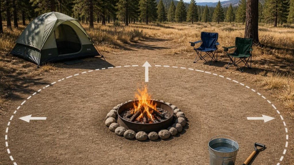 Safe campfire location away from tents, dry grass, trees, and low branches