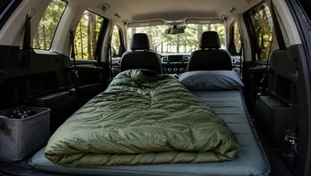 SUV interior with rear seats folded flat and sleeping pad and sleeping bag laid out showing how to set up a sleeping system for sleeping in your car when car camping