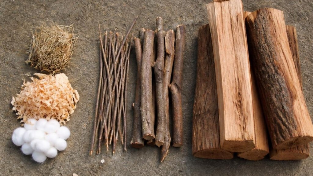 Tinder, kindling, and fuel wood arranged from smallest to largest