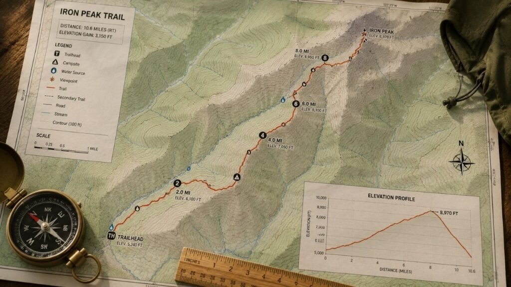 Topographic hiking map with contour lines, elevation profile, and trail route used for hiking time planning.